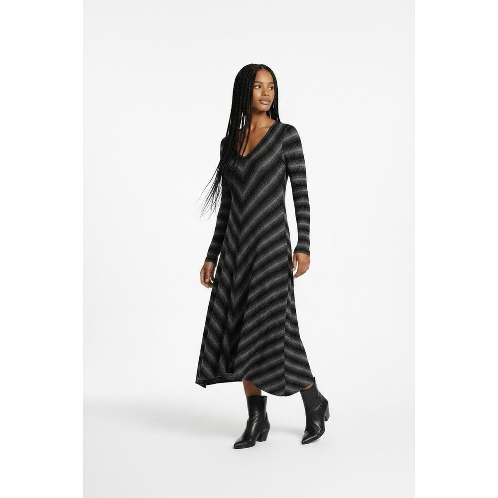Ronen Chen Gray Black V-Neck Chevron Dress Asymmetric Size 3 Whimsigoth